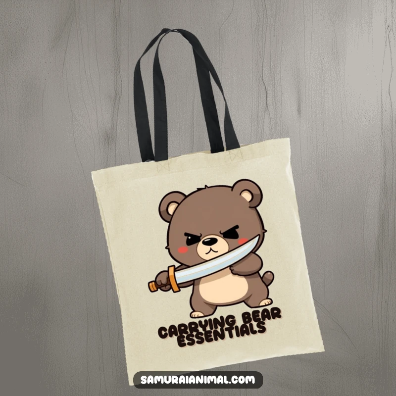 Funny bear sword tote bag with a determined bear character bravely wielding a tiny wooden sword, ready for any quest.