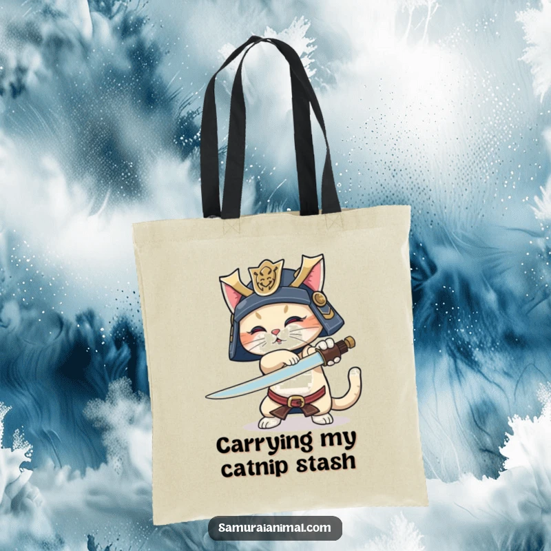 Funny Samurai Cat Tote Bag: Stylish bag with a playful cat warrior in samurai helmet, demonstrating a sword trick, tail wagging.