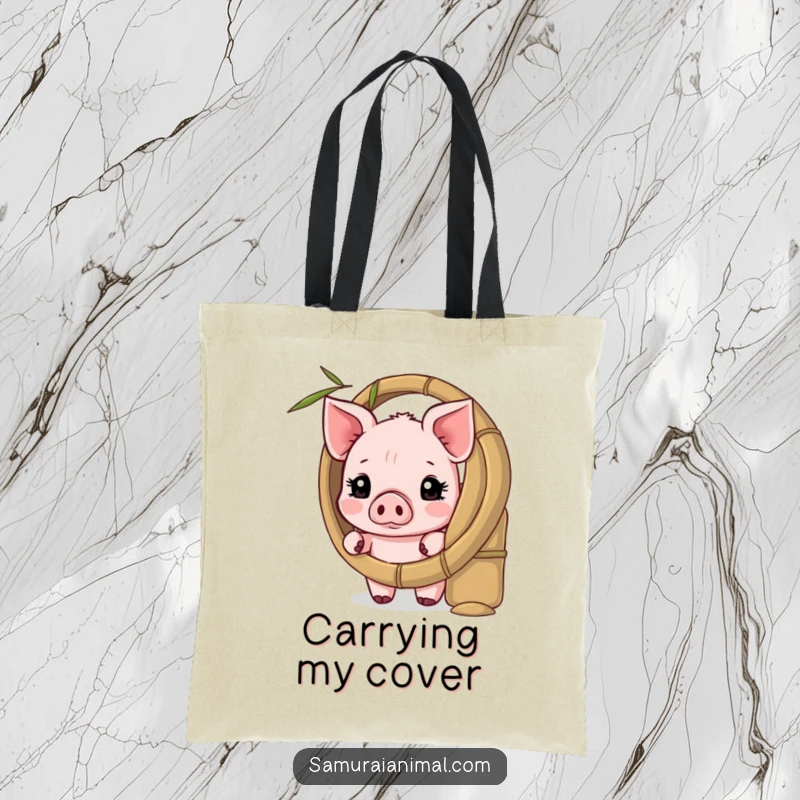 Funny tote bag showcasing a shy piglet peeking from behind a bamboo shield, ideal for carrying daily items.