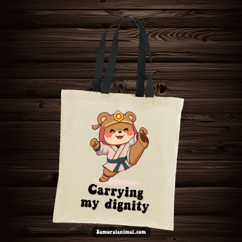 Funny tote bag showcasing a smiling samurai bear awkwardly attempting a high kick, perfect for carrying essentials and smiles.
