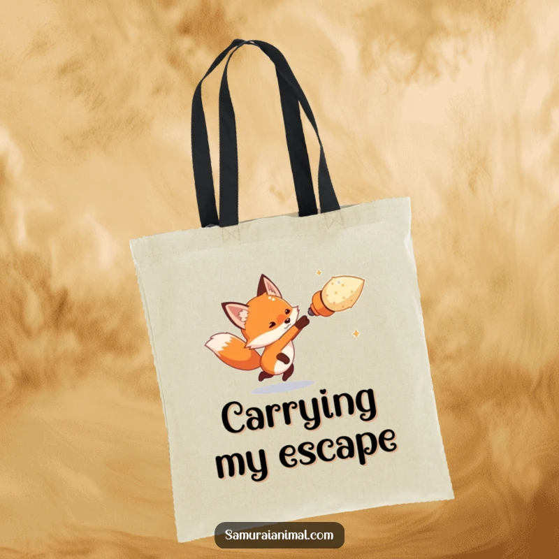 Funny tiny fox artfully dodging an oversized imaginary projectile on a tote bag, a humorous design for carrying essentials.