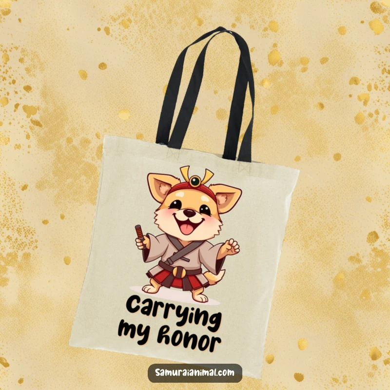 Funny Tote Bag depicting a happy dog in a traditional samurai tunic, striking a playful warrior pose with charm.