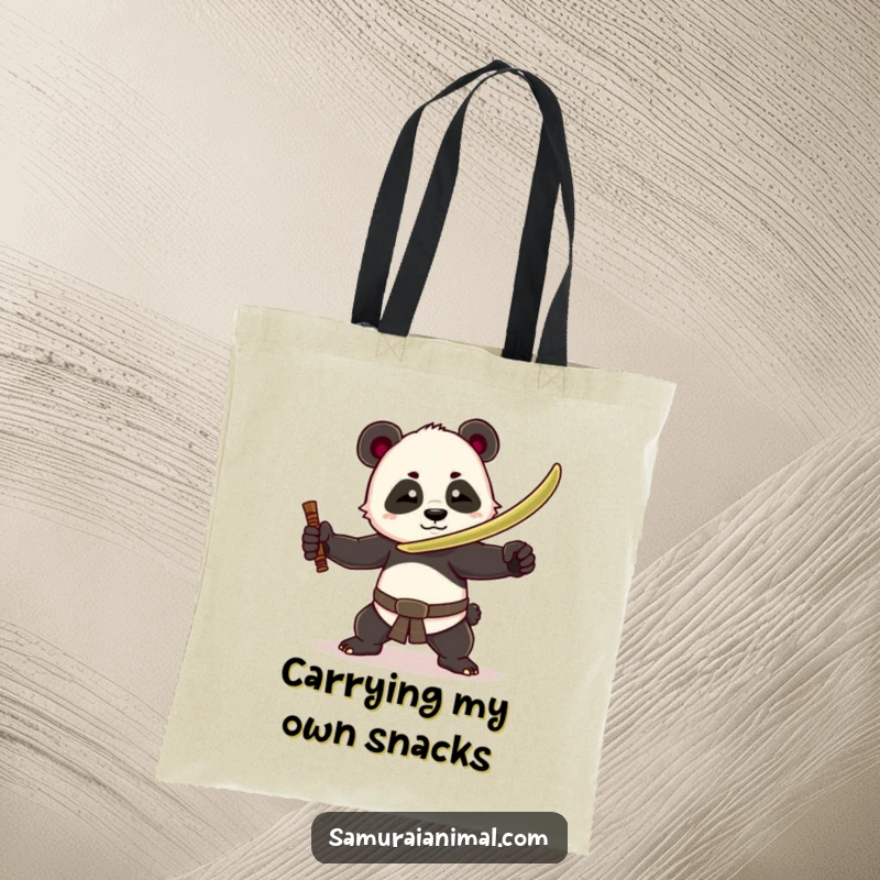 Funny panda warrior tote bag with a playful panda holding a bamboo sword in a dramatic, humorous pose, great for shopping.