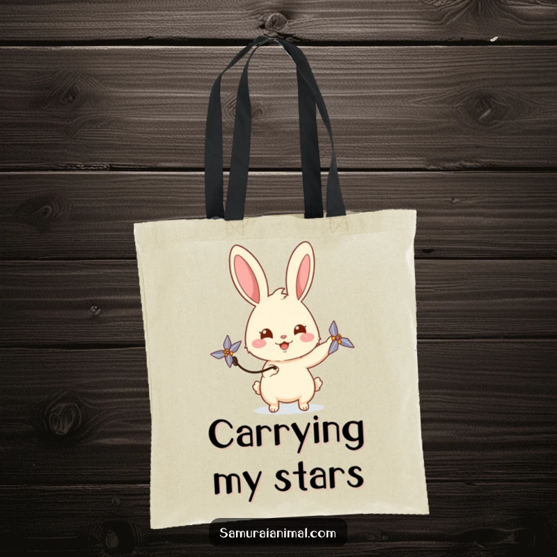 Funny rabbit tote bag depicting a happy bunny playfully spinning a miniature shuriken with a curious gaze, ideal for carrying items.
