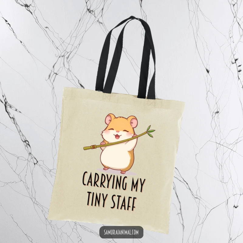 Funny tote bag illustrating a small, sleepy hamster practicing kung fu with a miniature bamboo staff, radiating happiness and determination.