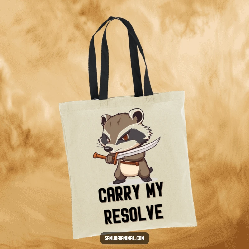 Funny badger tote bag featuring a determined badger wielding a tiny wooden sword, perfect for carrying daily items.