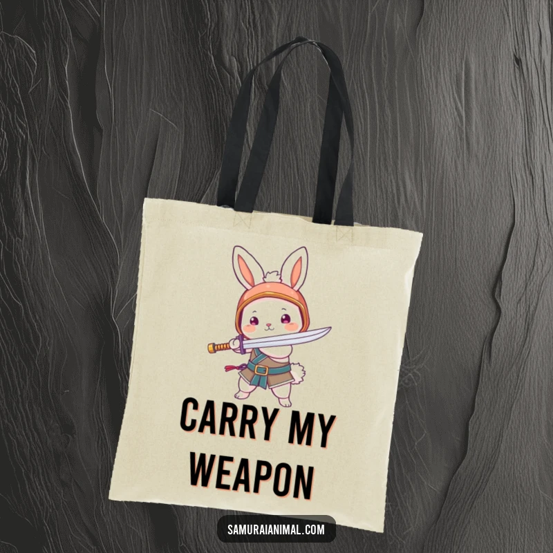 Funny tote bag with a fluffy bunny in a tiny helmet, brandishing a noodle sword. Cute and functional.
