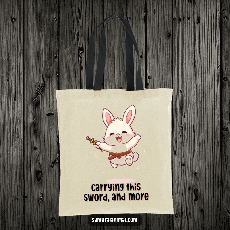 Funny bunny character with a tiny sword in an energetic mid-air leap, perfect for a humorous and practical tote bag.