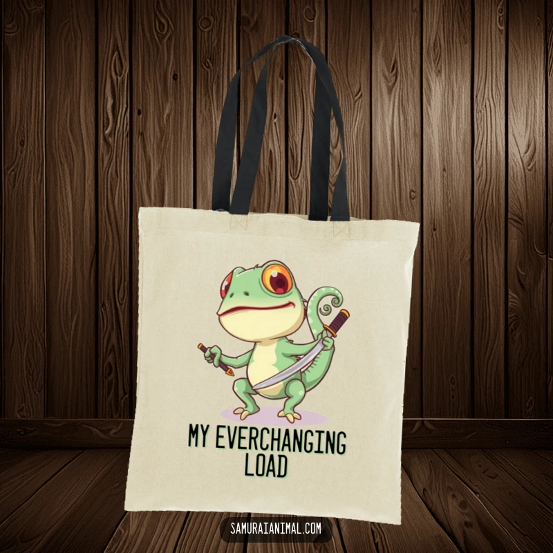 Funny Chameleon Sword Tote Bag: A joyful chameleon swings a samurai sword, its tail curled, a colorful and fun accessory.