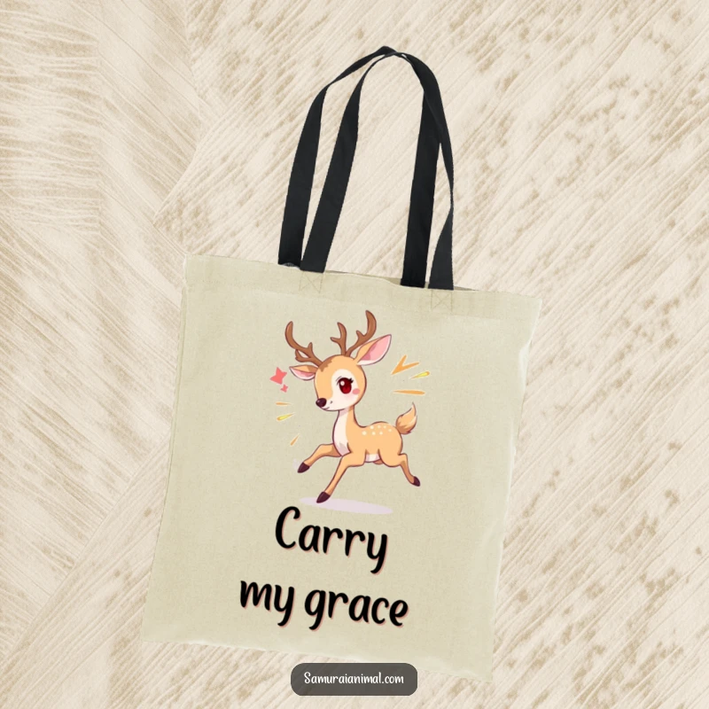 Funny deer tote bag featuring a graceful deer smiling while dodging, perfect for carrying items with a touch of elegance.