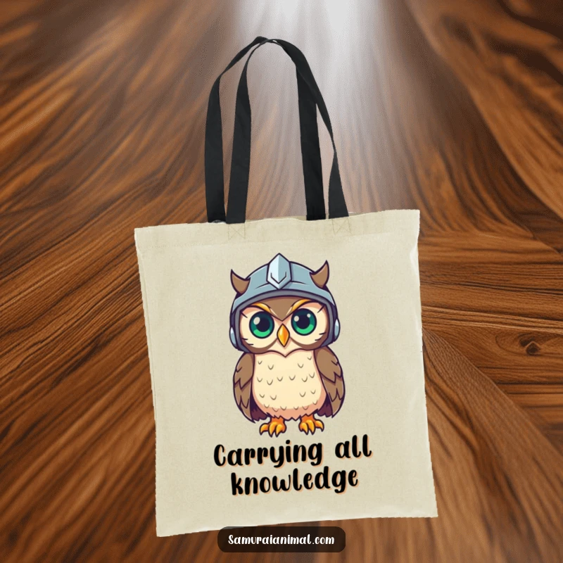 Funny tote bag showcasing a wise owl sporting a helmet, its gaze sharp and observant, ready for any task.