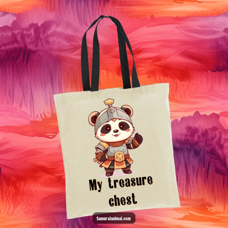 Funny Panda Armor Tote Bag, a tiny panda in ancient armor striking a playful, wobbly pose, practical and cute.