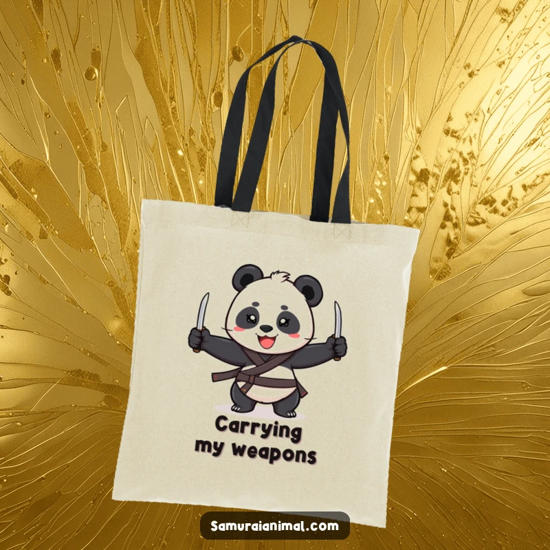 Funny Tote Bag depicting a cheerful panda with a wide grin, skillfully juggling three tiny katanas.