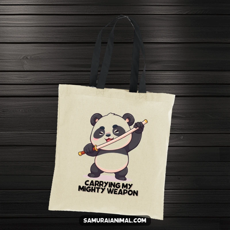 Funny plump panda wielding a toothpick sword, fierce & comical, determined grin, warrior tote bag, stylish accessory.