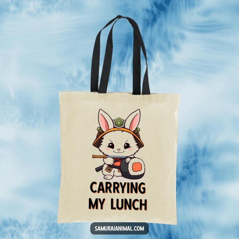 Funny Rabbit Samurai Tote Bag: A durable tote featuring a rabbit samurai defending against a sushi roll, perfect for everyday use.