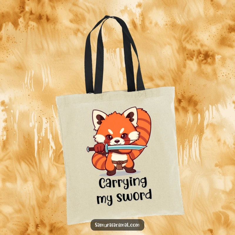 Funny red panda tote bag depicting a stylized character in a dramatic sword stance, ideal for carrying books or gear.