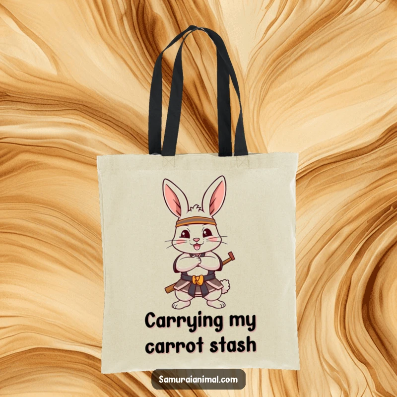 Funny Tote Bag displaying a cheerful rabbit in a samurai pose, paws crossed, perfect for carrying items with a dose of playful bravery.