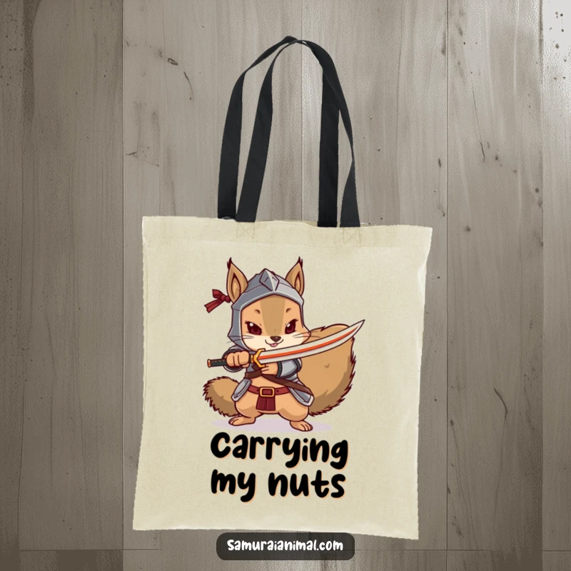 Funny squirrel tote bag featuring an armored squirrel dramatically pointing a tiny katana, perfect for carrying essentials.