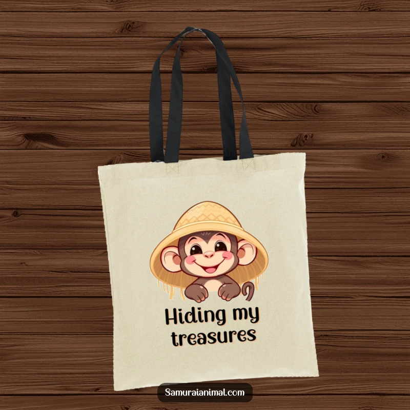 Funny tote bag designed with a nimble monkey character grinning and peeking from behind a straw hat, ideal for carrying daily items.