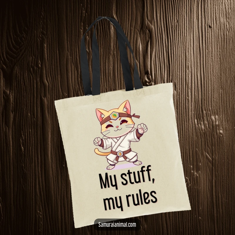 Funny tote bag featuring a cheerful cat in a confident samurai pose, offering a gentle smile and warrior spirit.